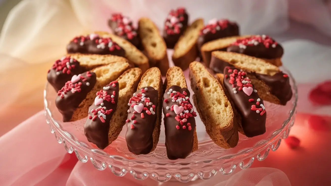 Chocolate-dipped biscotti on a decorative plate, adorned with Valentine