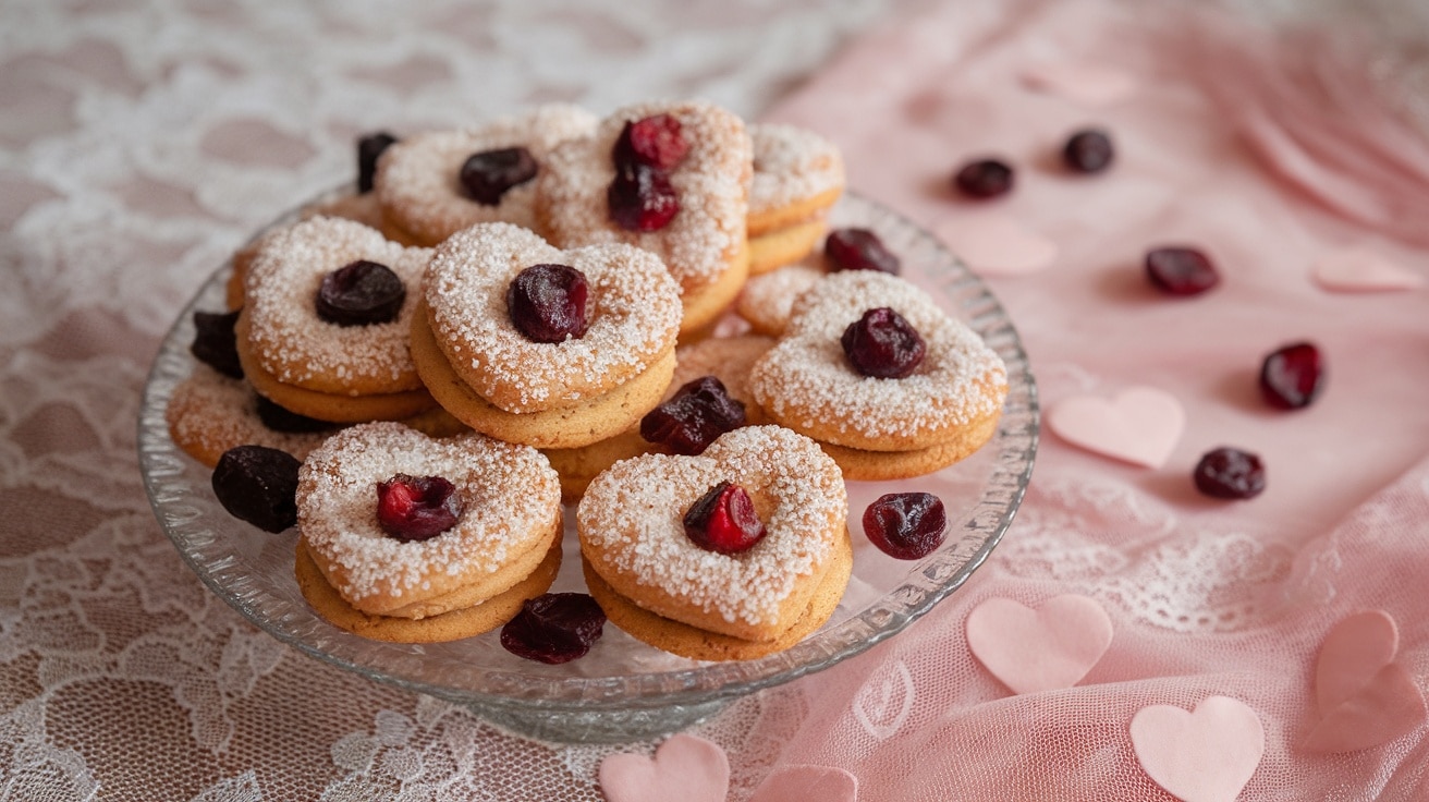 Sparkling Cranberry Love Gems cookies on a lace tablecloth, garnished with dried cranberries, set against a romantic pink background.