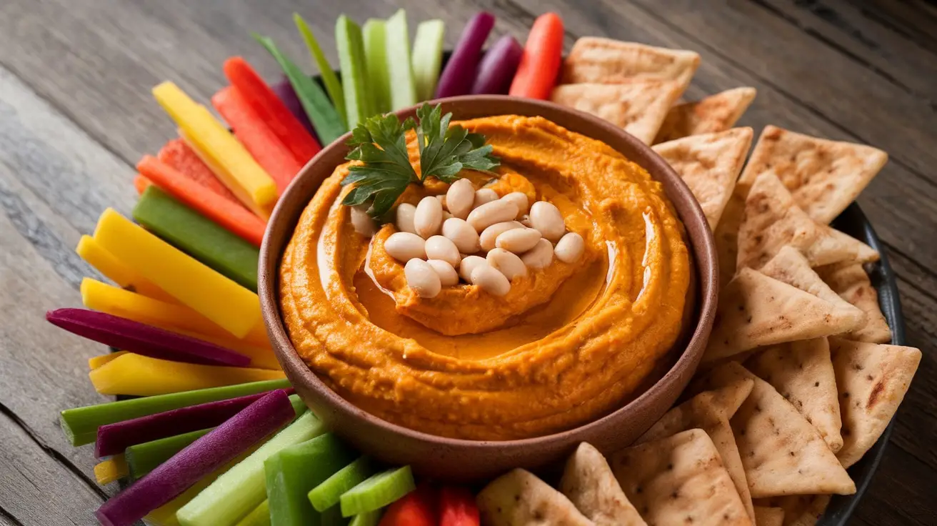 Creamy spiced pumpkin and white bean dip in a bowl with pita chips and vegetable sticks on a rustic table.