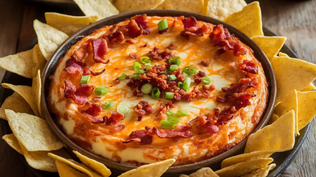 Savory Smoky Gouda and Bacon Dip with crispy bacon and green onions, served with tortilla chips on a rustic wooden table.