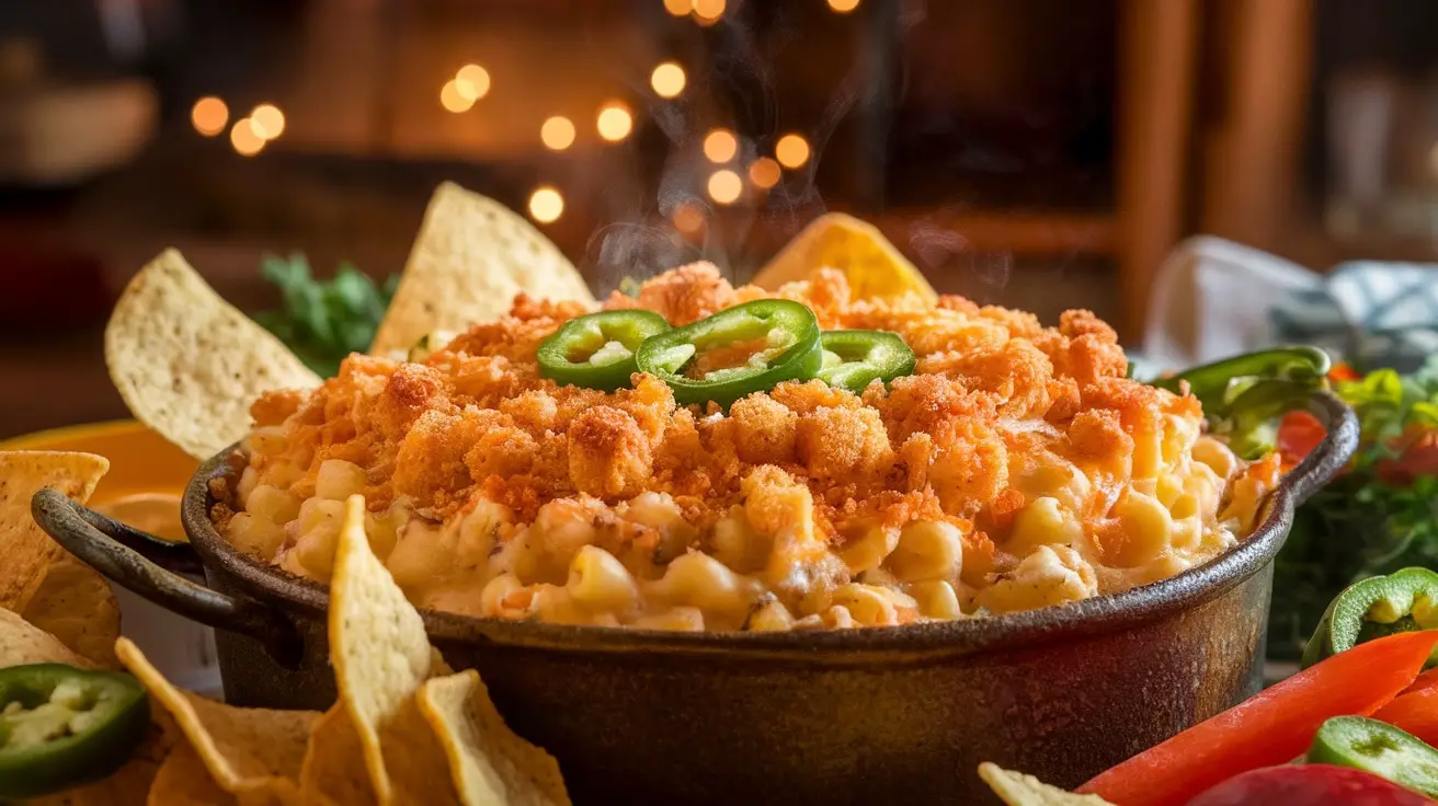 A warm dish of cheesy jalapeño popper mac and cheese dip with tortilla chips and fresh veggies.