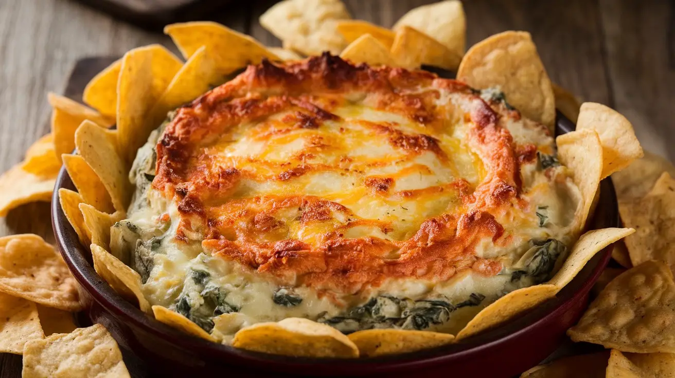 A warm dish of creamy Artichoke and Spinach Alfredo Dip with melted cheese and tortilla chips for dipping.