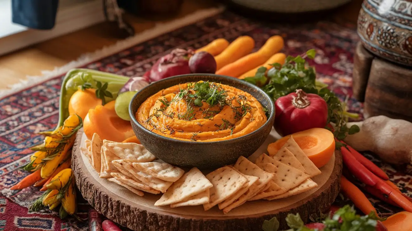 A bowl of creamy dip made from caramelized squash and onions with fresh herbs, served with pita chips and colorful vegetables.