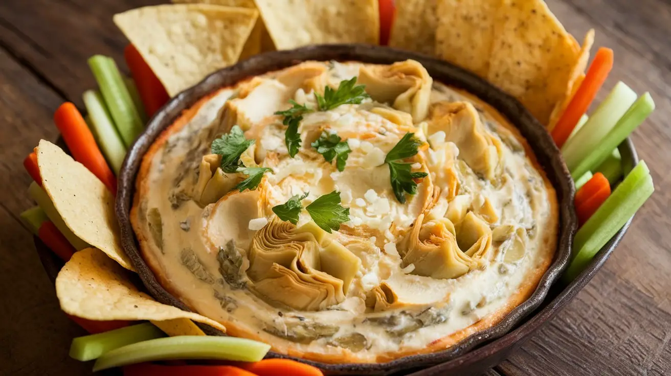 Creamy Lemon Artichoke Dip in a baking dish with tortilla chips and vegetables on a wooden table.