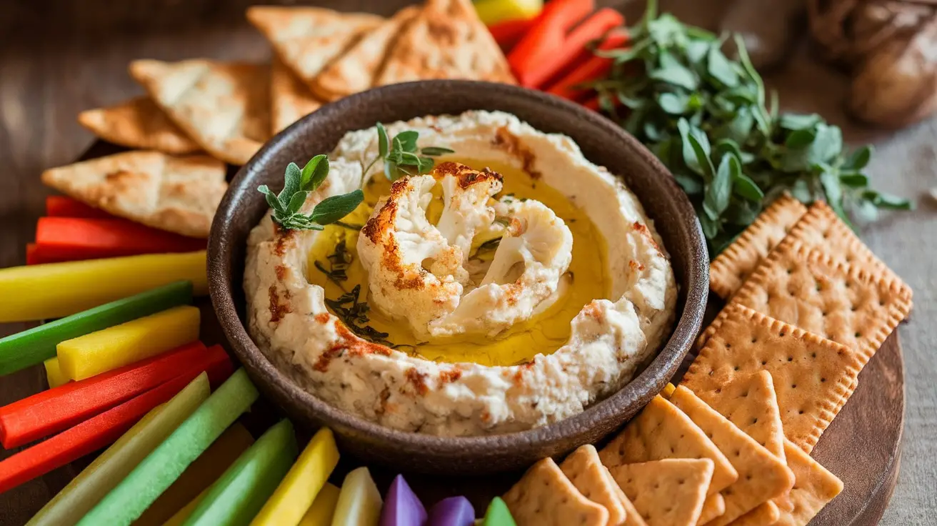 Creamy roasted cauliflower dip in a bowl, garnished with herbs, served with veggie sticks and pita chips.