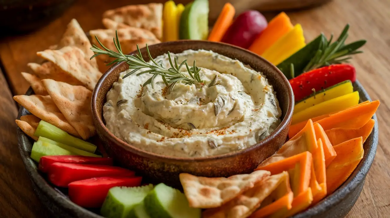 A creamy roasted garlic rosemary dip in a bowl, garnished with rosemary, surrounded by fresh vegetables and pita chips.