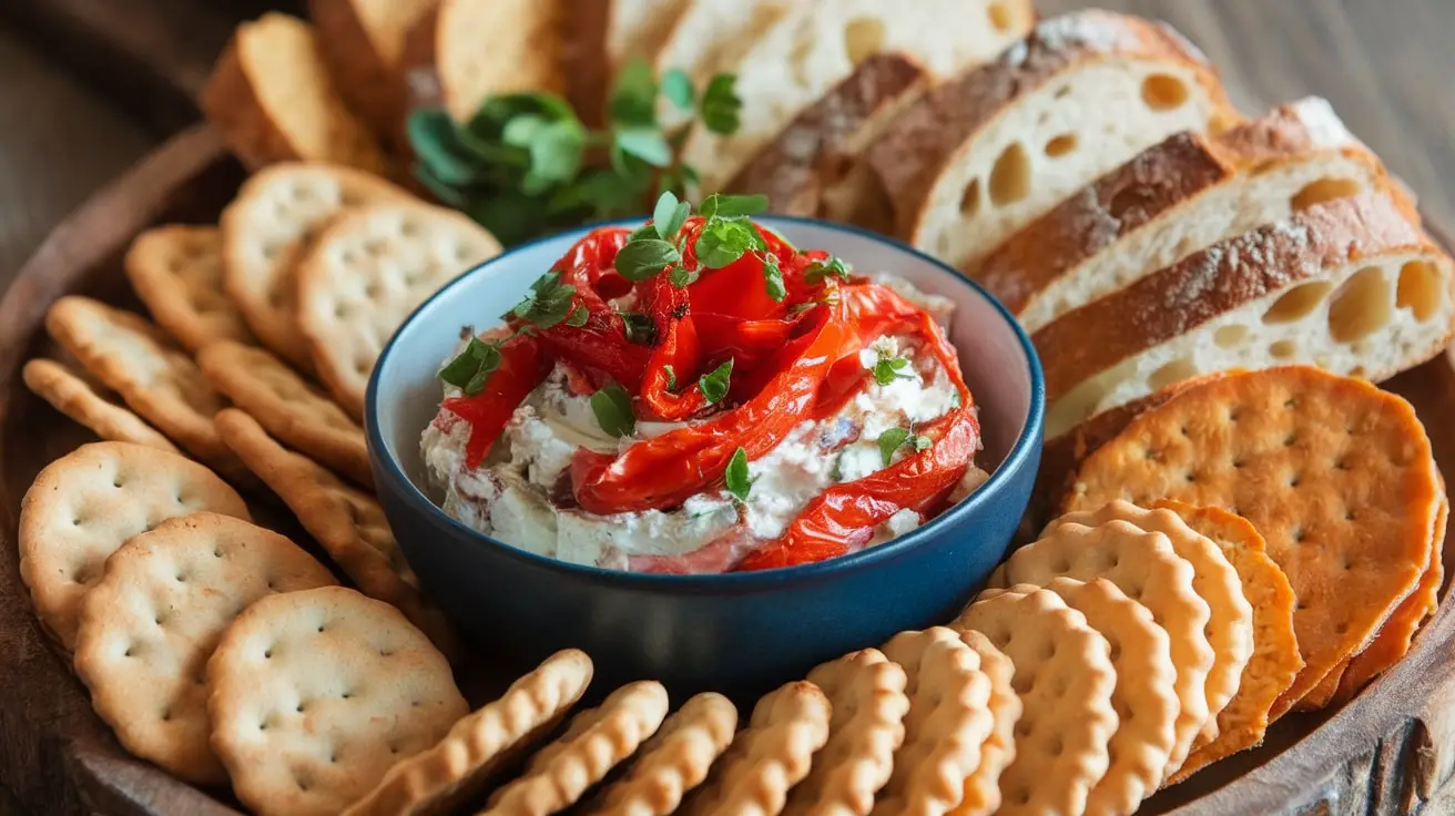 A colorful spread of roasted red pepper and goat cheese served with crackers and baguette slices on a wooden platter.