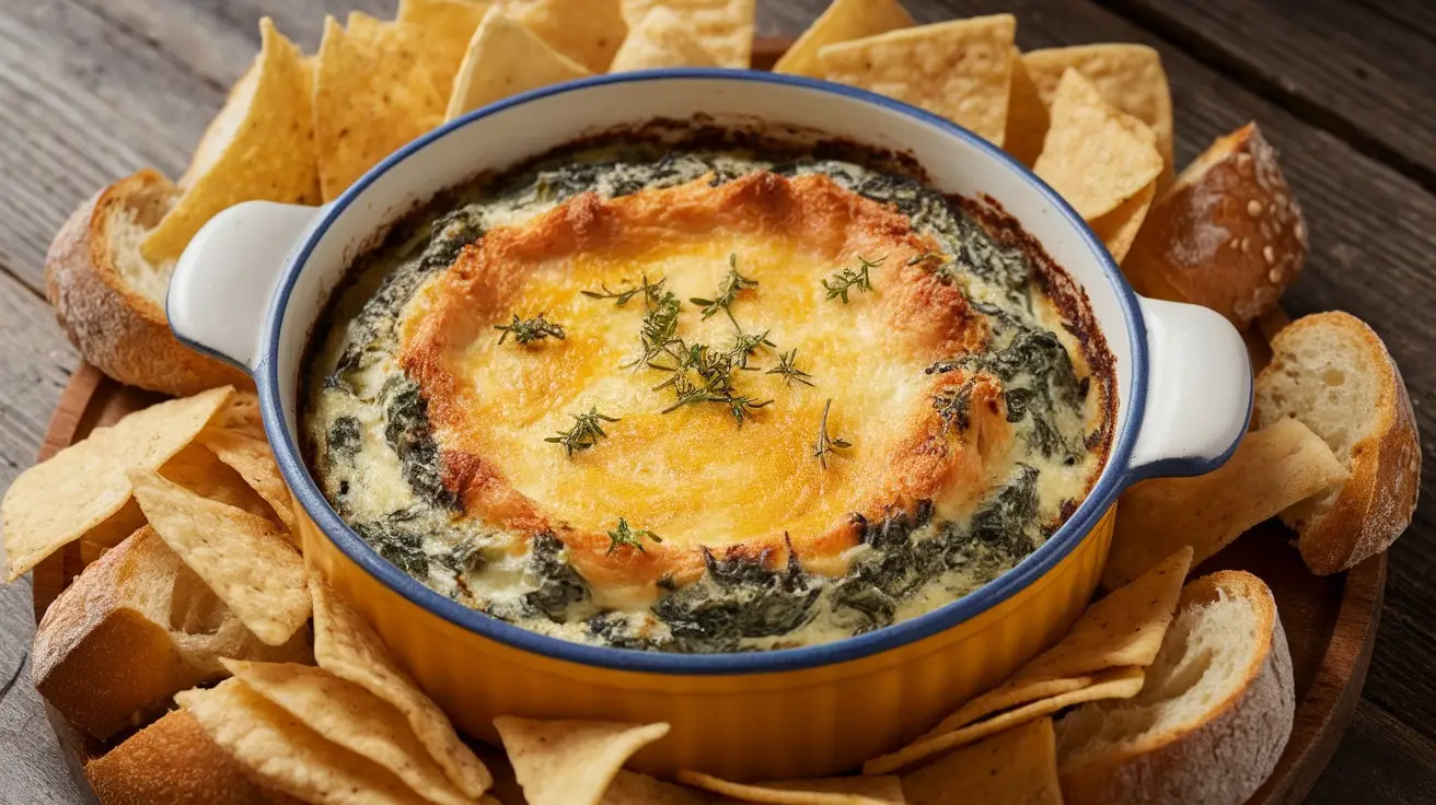 Creamy spinach and Gruyère dip in a baking dish with tortilla chips and toasted bread on the side.