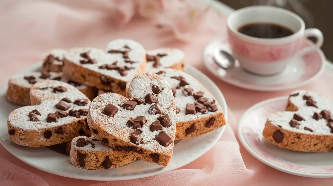 Heart-shaped chocolate chunk biscotti on a plate with powdered sugar, alongside a cup of coffee.