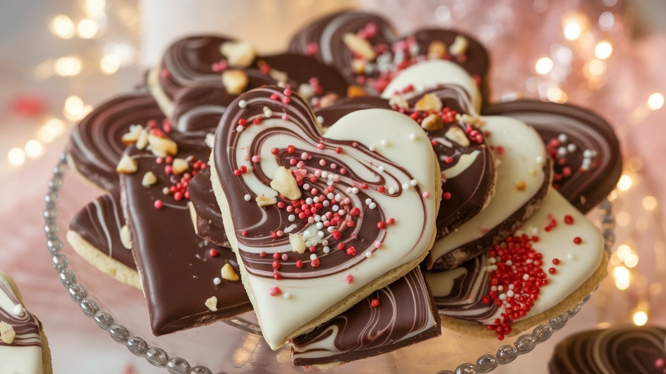 A plate of Marbled Chocolate Love Bark Cookies with dark and white chocolate swirls, topped with nuts and sprinkles, set against a romantic backdrop.