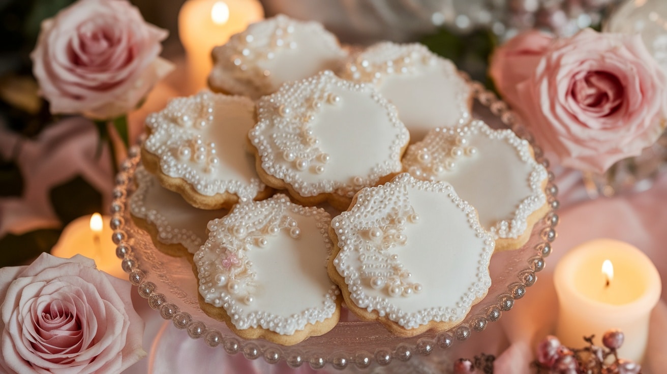 A plate of elegant Sugar Pearl Lace Cookies with lace-like edges and sparkling sugar pearls, set in a romantic table setting.