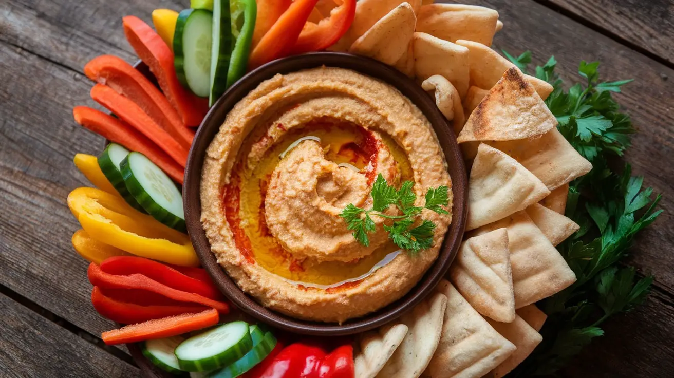 A bowl of roasted red pepper hummus with vegetables and pita chips on a wooden table.