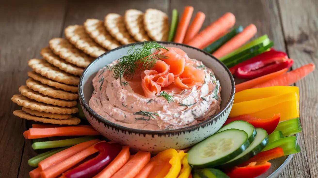 Creamy Smoked Salmon and Dill Dip in a bowl, garnished with dill, alongside fresh vegetables and crackers.