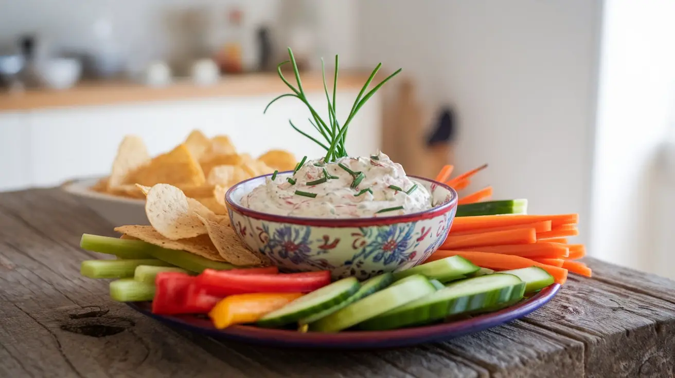 A bowl of creamy Spring Onion and Chive Dip with fresh vegetables and chips on a wooden table.