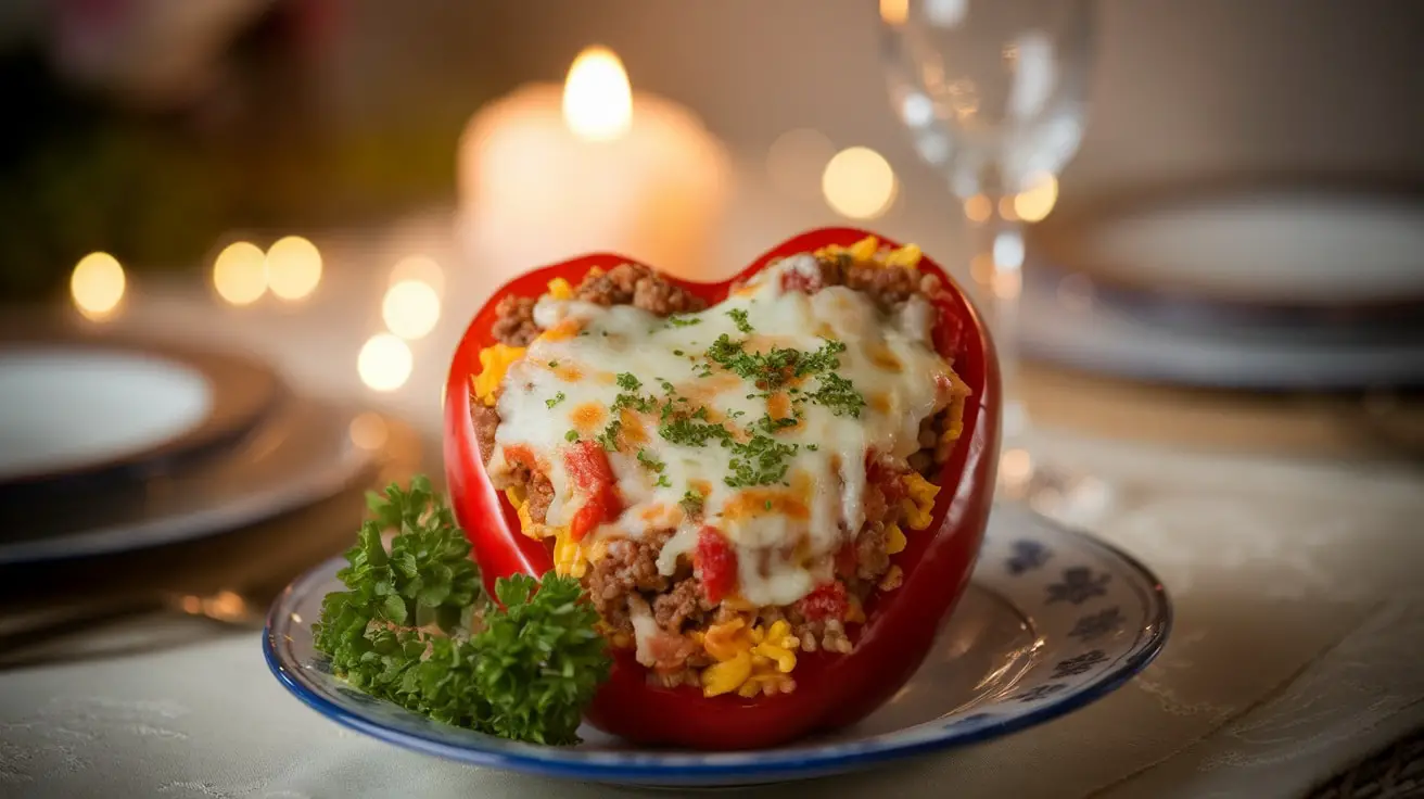 Heart-shaped stuffed bell pepper with rice and meat filling, garnished with parsley, on a romantic dinner table.