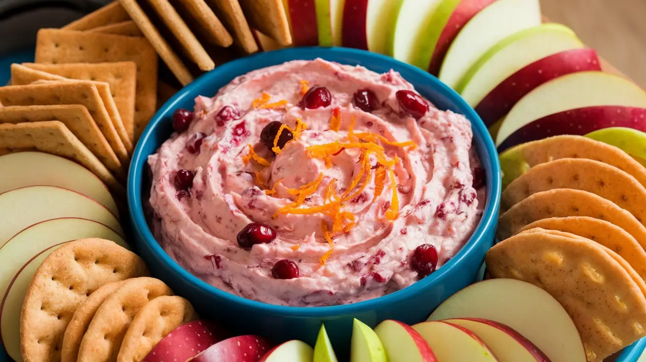 A bowl of cranberry orange cream cheese dip surrounded by apple slices and crackers, garnished with orange zest.