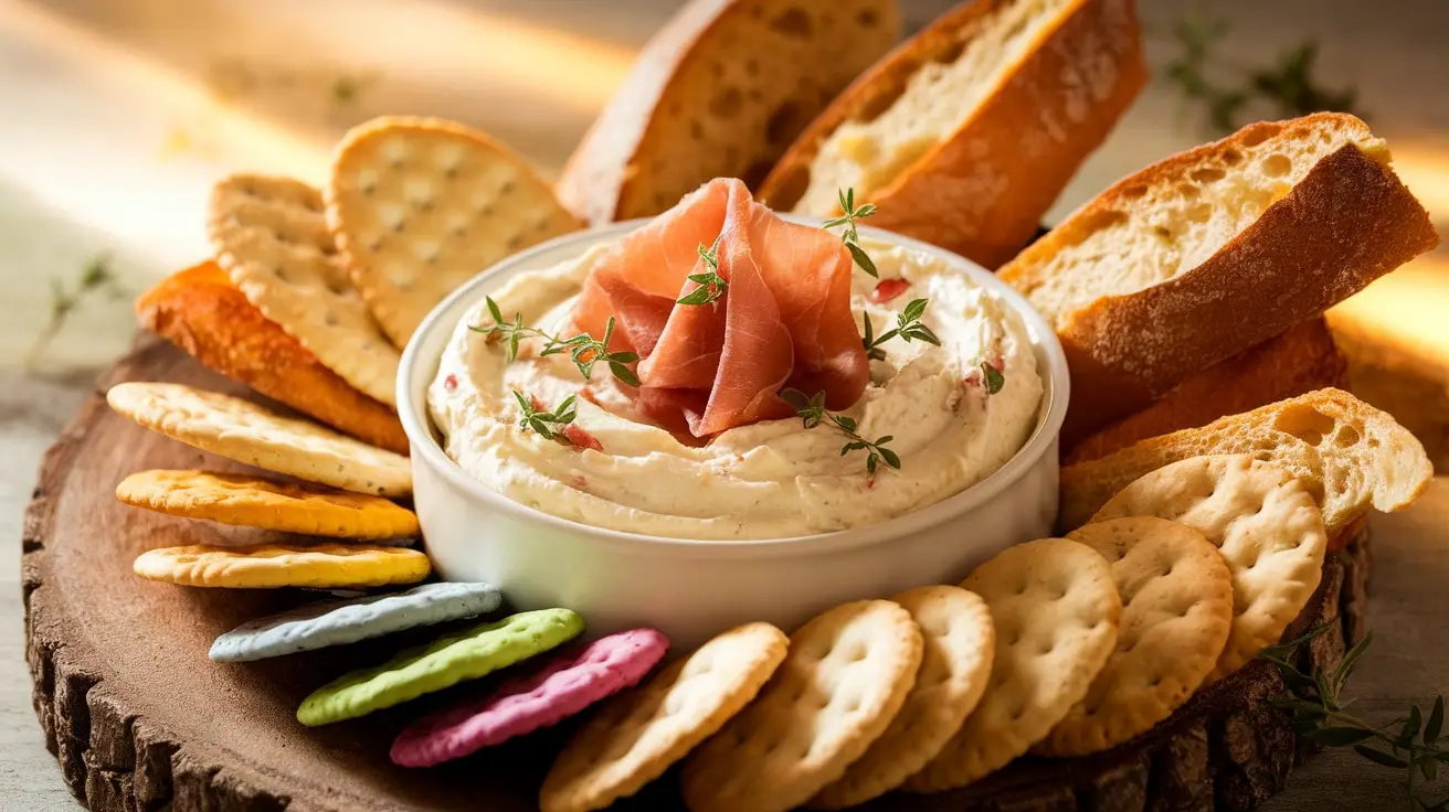 Pear and Prosciutto Ricotta Dip in a bowl with thyme, served with toasted baguette slices and crackers on a wooden board.