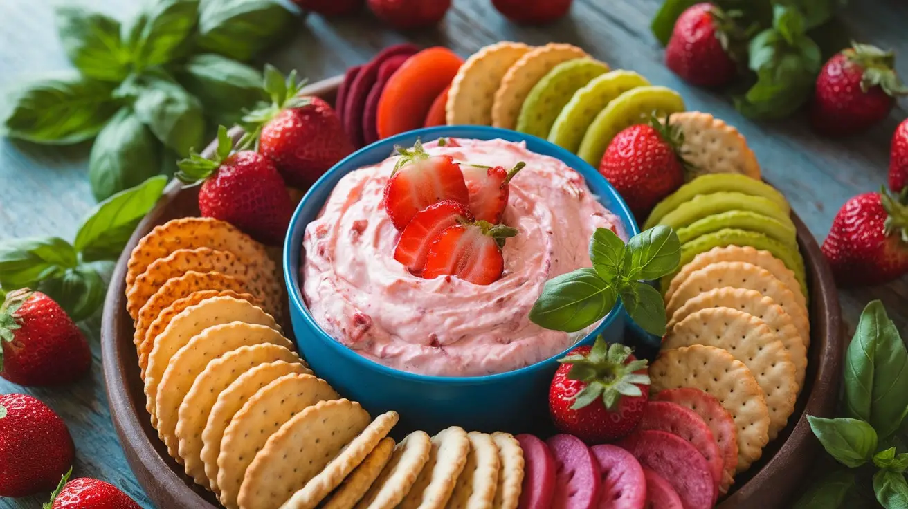 Strawberry Basil Cream Cheese Dip in a bowl with crackers and veggies on a rustic table, garnished with fresh basil.