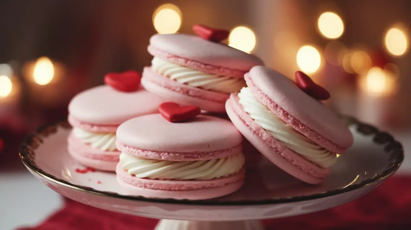 Blush velvet cookie sandwiches with creamy filling on a decorative plate, garnished with heart-shaped sprinkles.