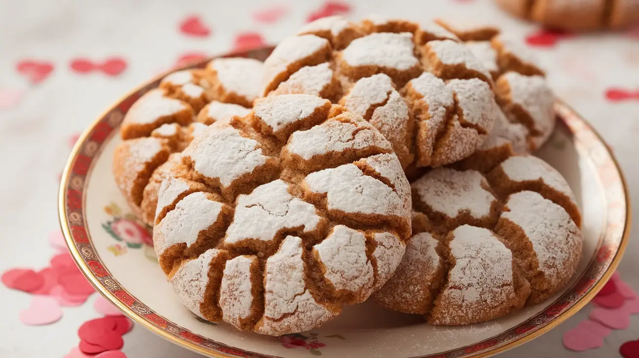 A plate of ginger spice love crinkles, dusted with powdered sugar, perfect for Valentine