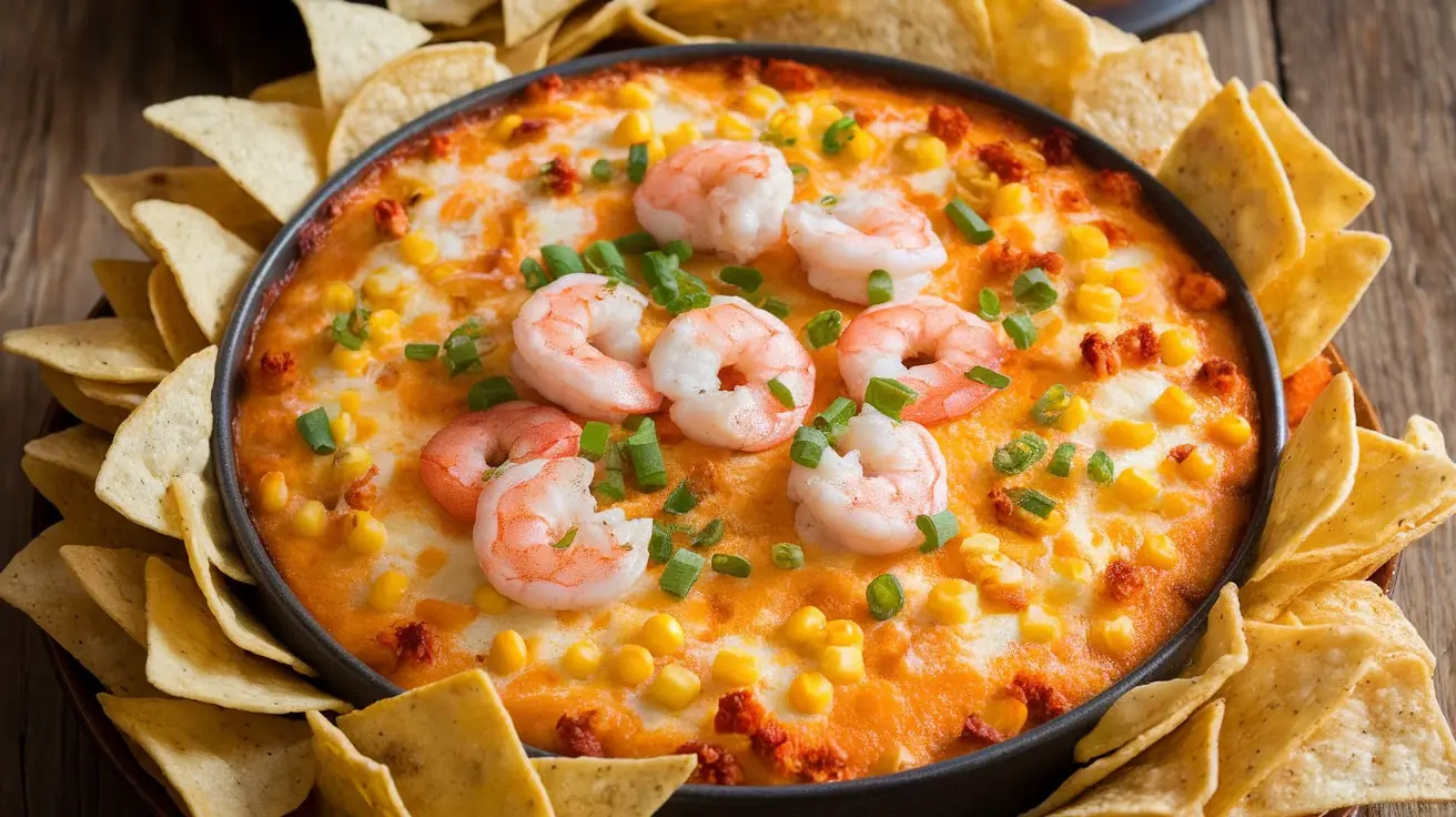 A cheesy and spicy Cajun Shrimp and Corn Dip served with tortilla chips, garnished with green onions on a rustic wooden table.