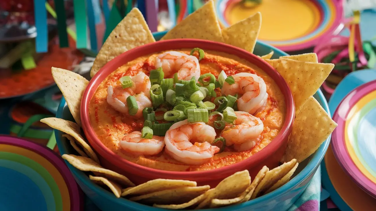 Creamy Firecracker Shrimp Dip in a bowl with shrimp pieces and green onions, served with tortilla chips.