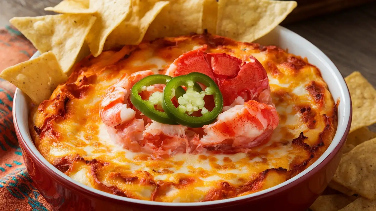 A warm bowl of Spicy Lobster Jalapeño Dip with tortilla chips on a rustic table.