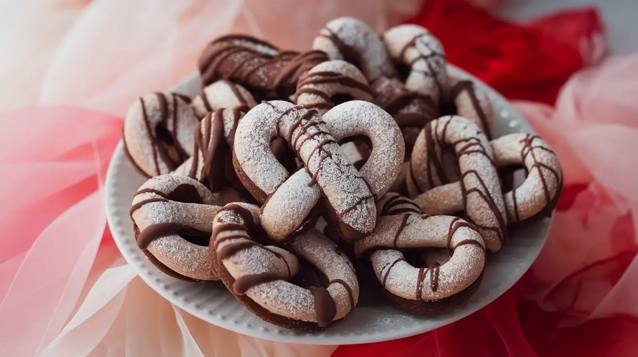 A delightful display of Chocolate Love Knot Cookies drizzled with chocolate on a decorative plate.