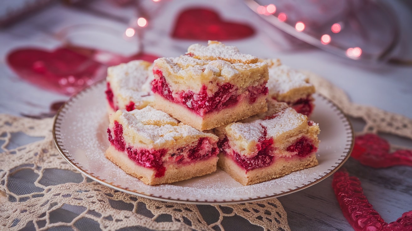 Coconut Raspberry Valentine Bars on a plate, decorated for Valentine