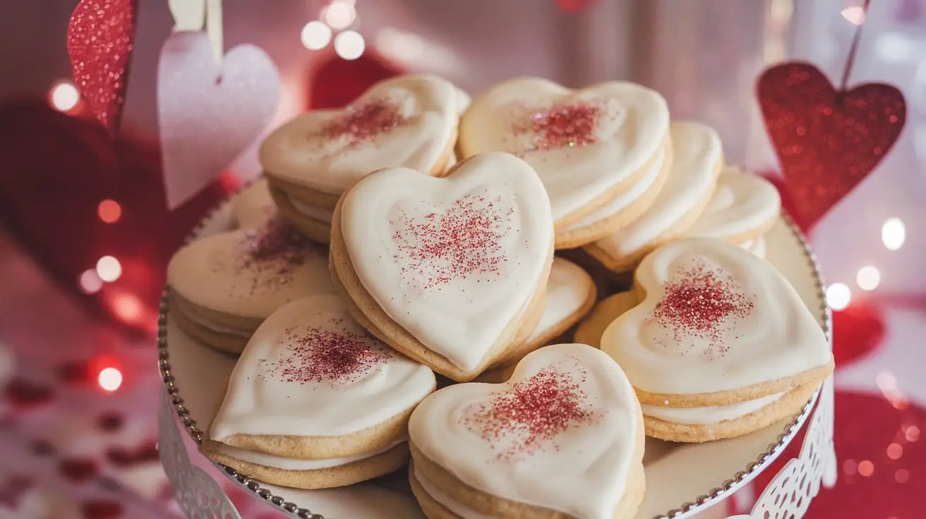 A plate of heart-shaped cookies filled with white chocolate chips, decorated for Valentine