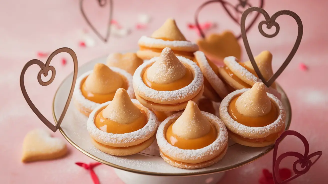 A plate of Passionfruit Kiss Sugar Cookies with passionfruit filling, dusted with powdered sugar, surrounded by heart decorations.