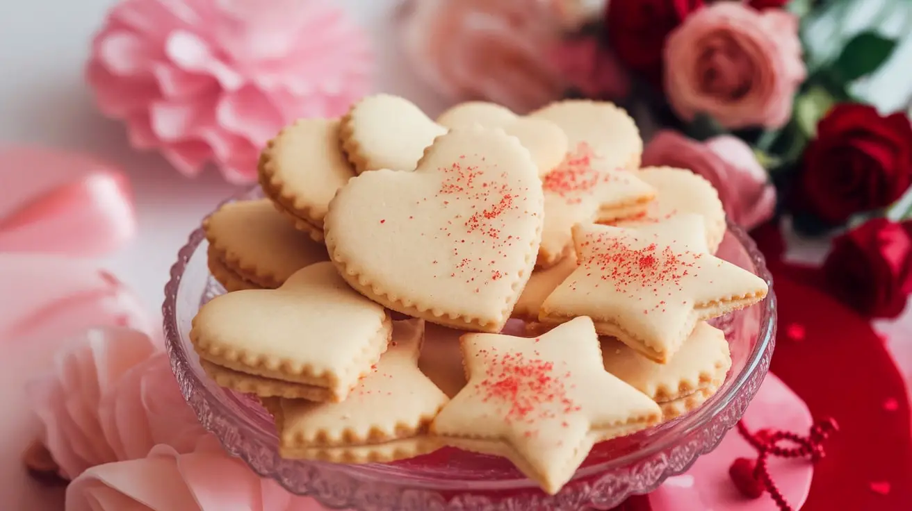 A plate of heart and star shaped vanilla bean shortbread cookies, sprinkled with sugar, decorated for Valentine’s Day.