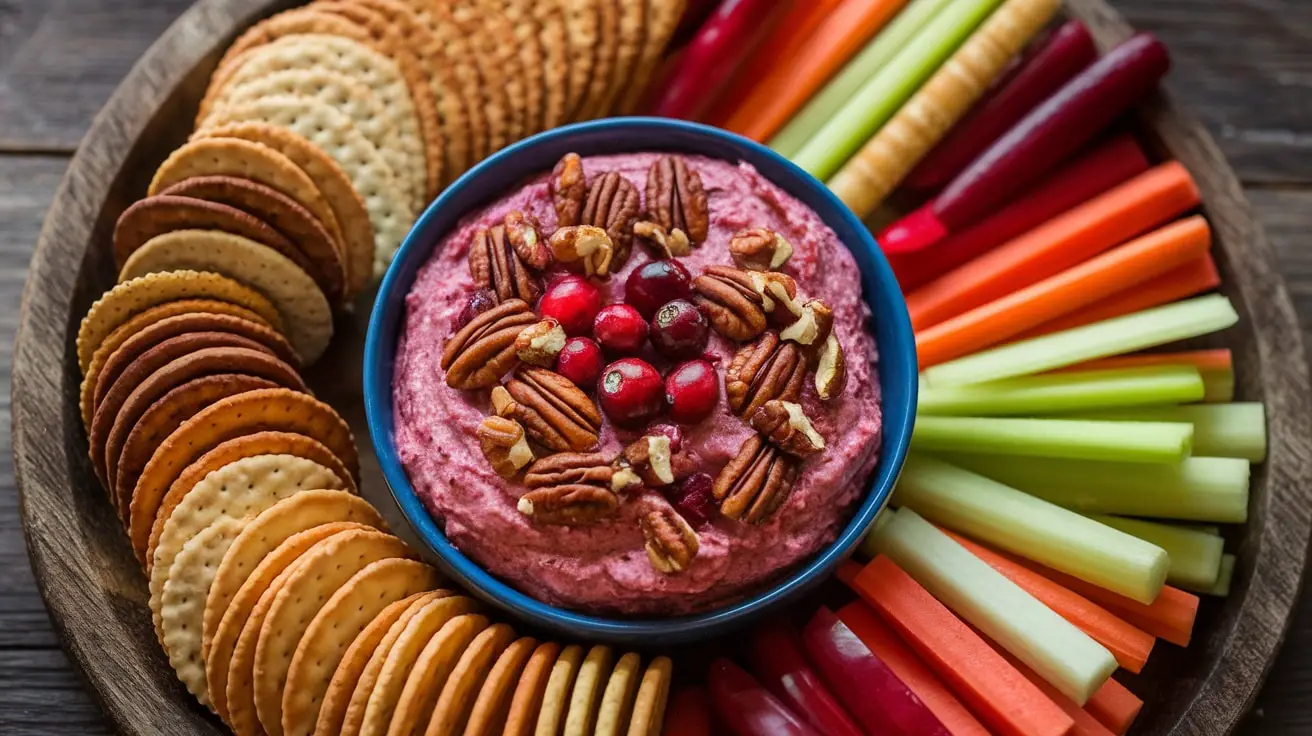 A bowl of cranberry pecan dip with crackers and veggies, garnished with pecans and cranberries.