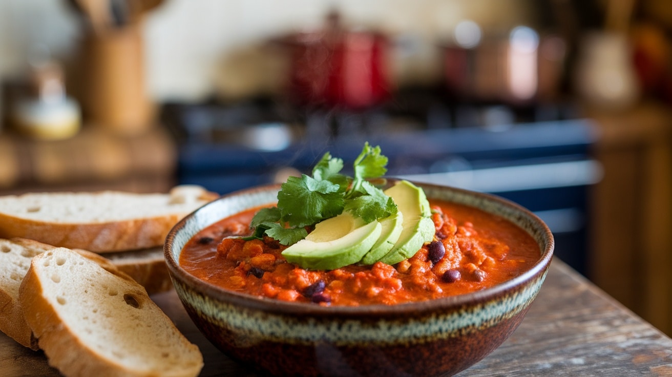 A hearty bowl of spicy almond butter chili garnished with cilantro and avocado slices, with crusty bread on the side.