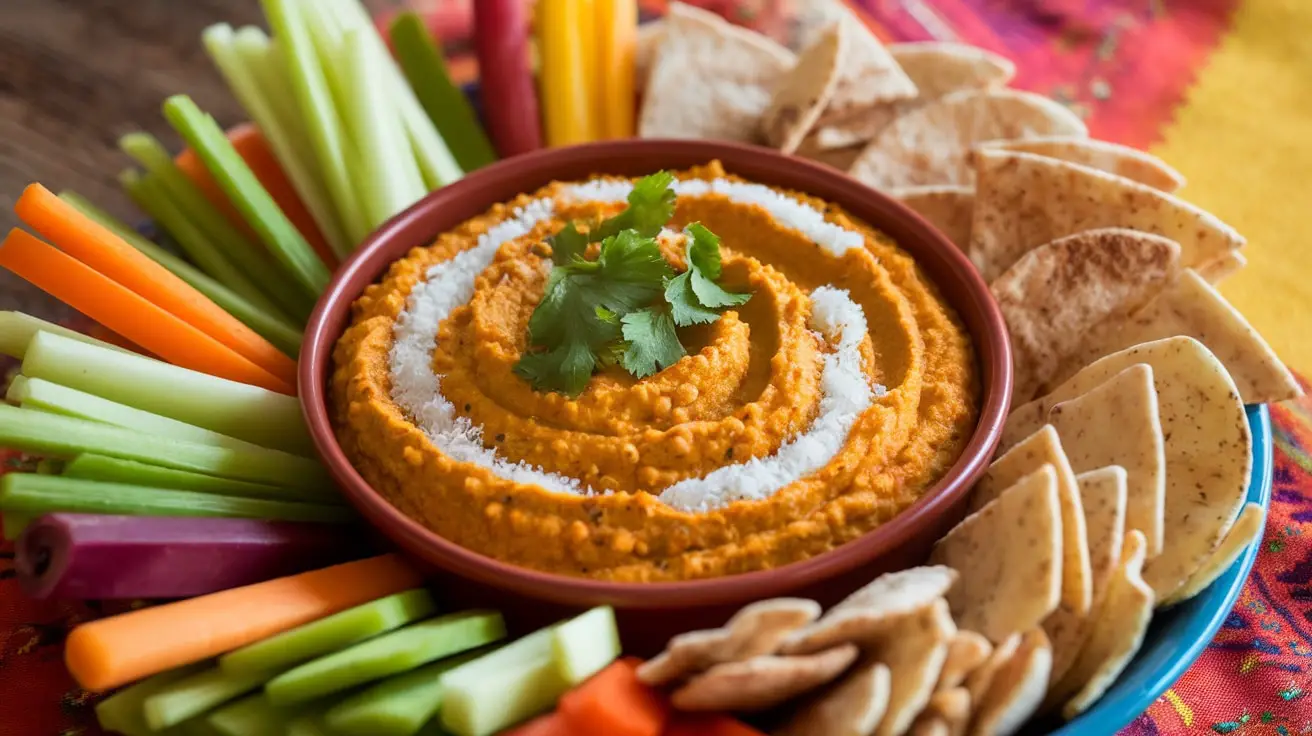 A bowl of Curried Lentil and Coconut Dip with cilantro, served with vegetable sticks and pita chips.