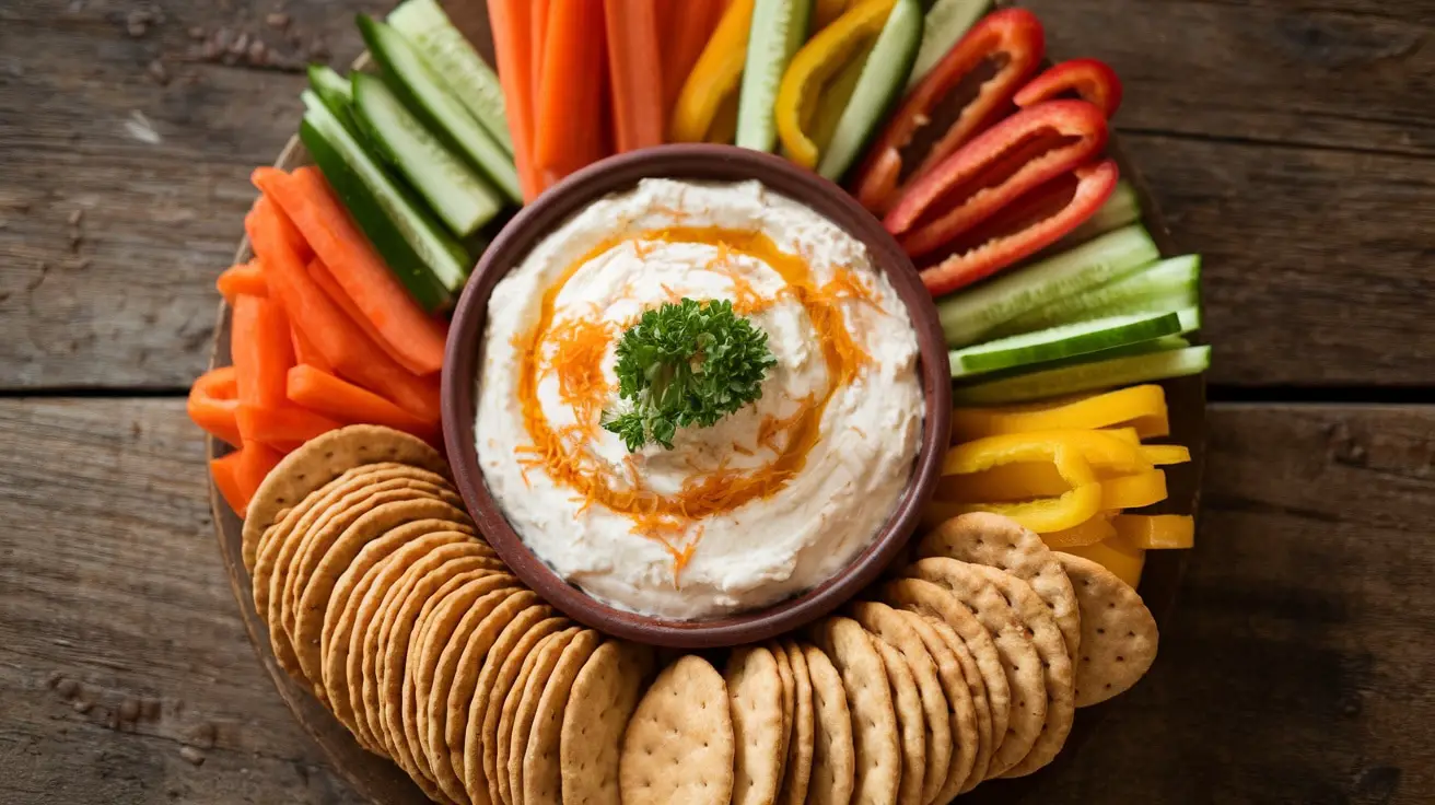 Creamy Warm Ricotta and Lemon Zest Dip in a bowl, with fresh vegetables and crackers on the side.