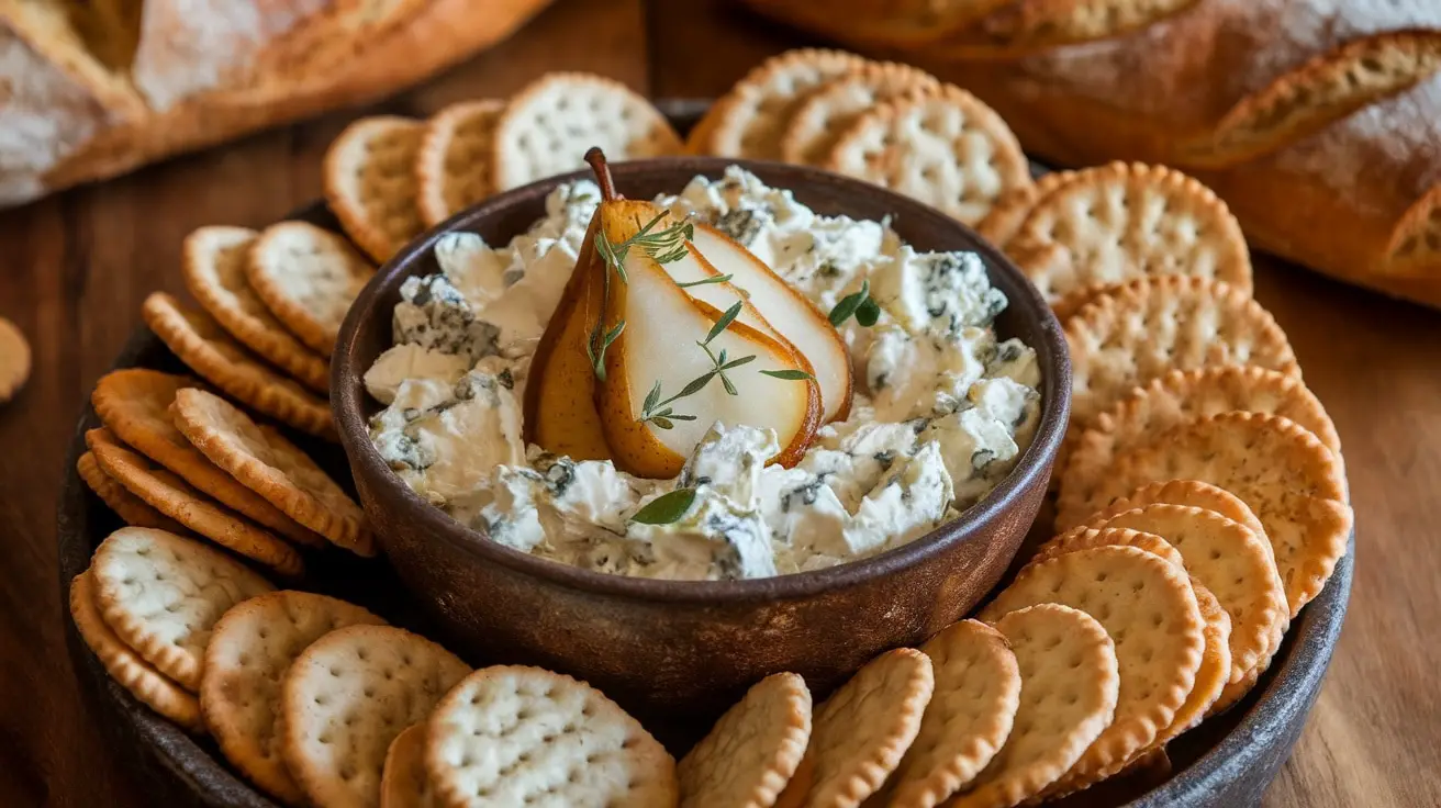 Creamy blue cheese and caramelized pear dip in a rustic bowl with crackers and baguette slices on a wooden table.