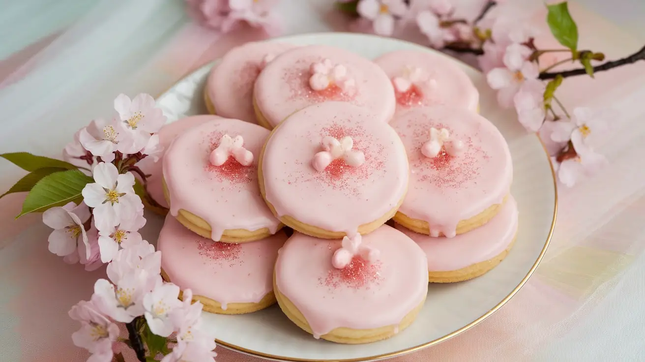 Plate of Cherry Blossom Glazed Cookies with pink glaze and cherry blossom decorations for Valentine