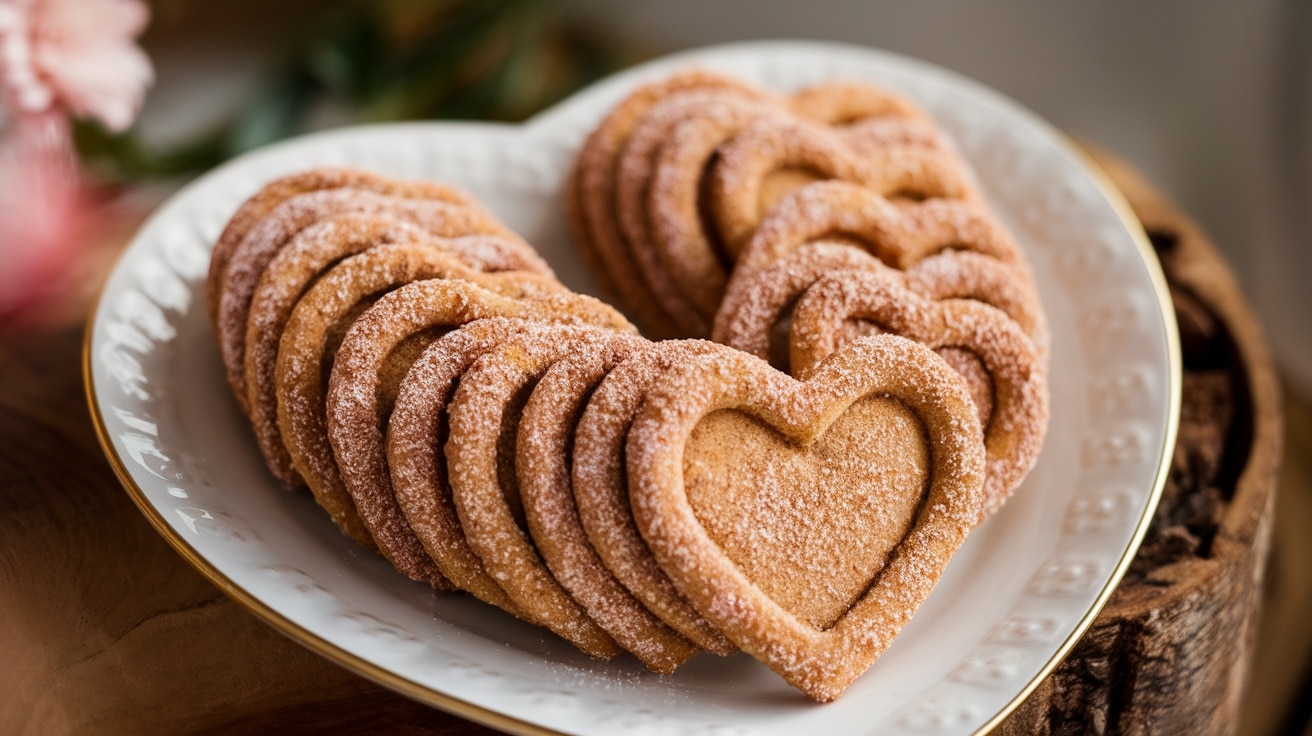 A plate of golden-brown Cinnamon Spice Valentine Crisps, dusted with sugar, perfect for Valentine