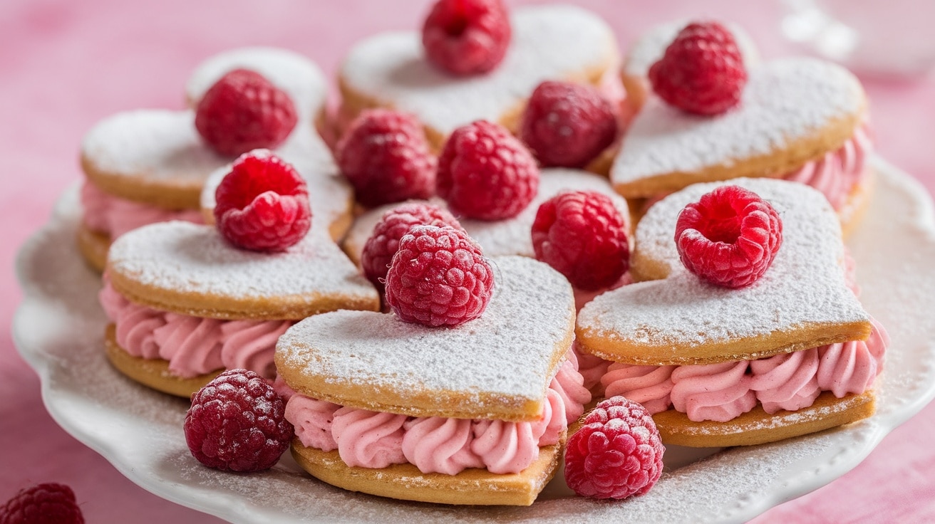 Heart-shaped raspberry cream sandwiches on a plate, dusted with powdered sugar and garnished with raspberries.