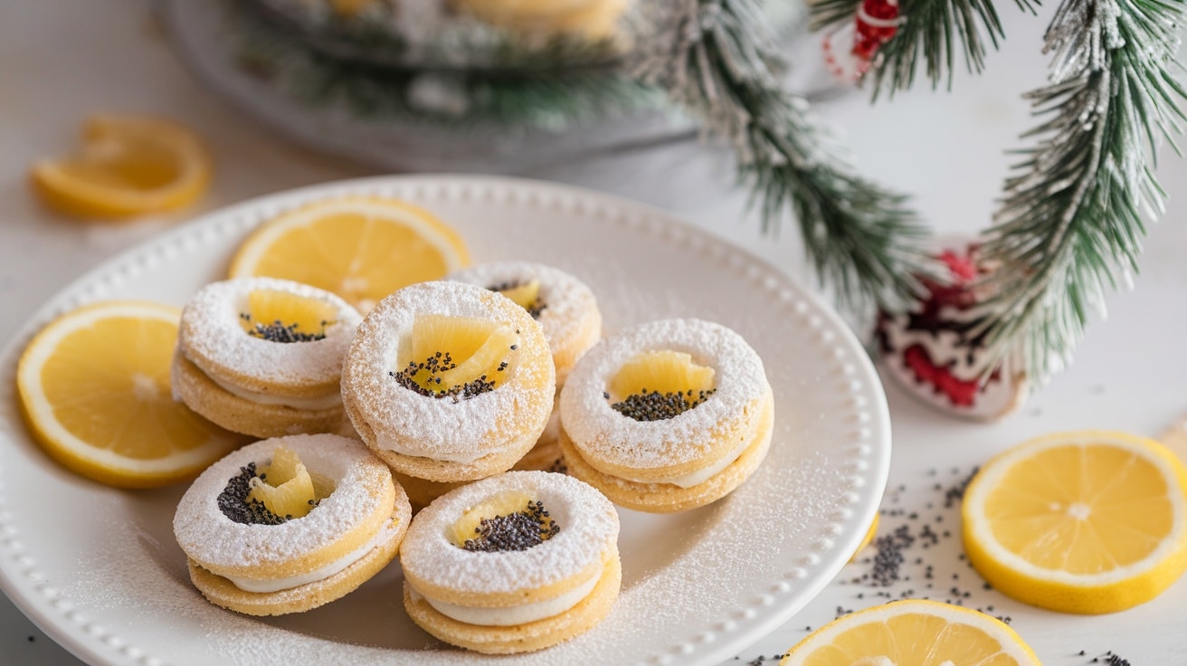 Lemon poppy seed cookies dusted with powdered sugar on a plate, decorated with lemon slices and poppy seeds.