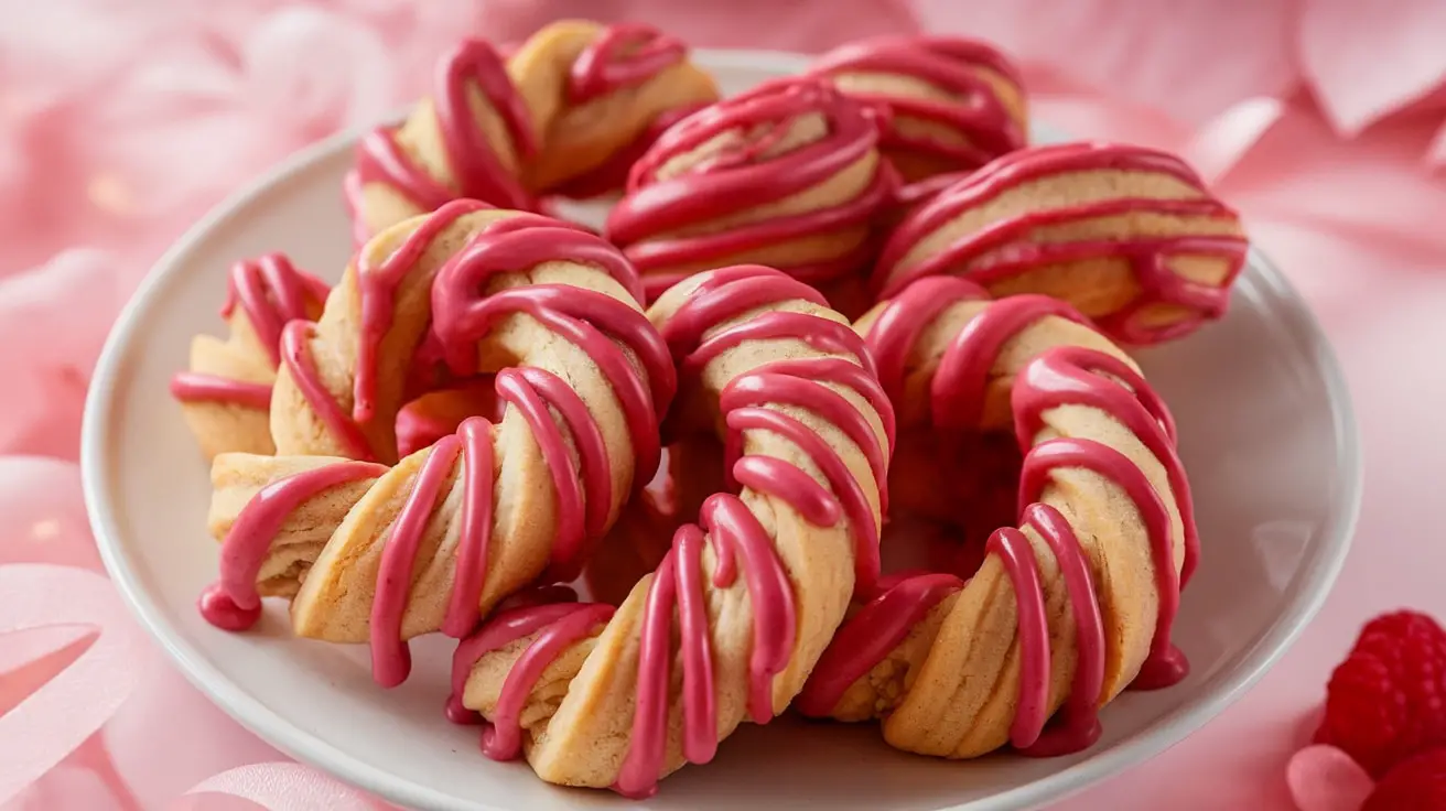 Raspberry Glazed Love Twists on a plate, drizzled with pink glaze, perfect for Valentine