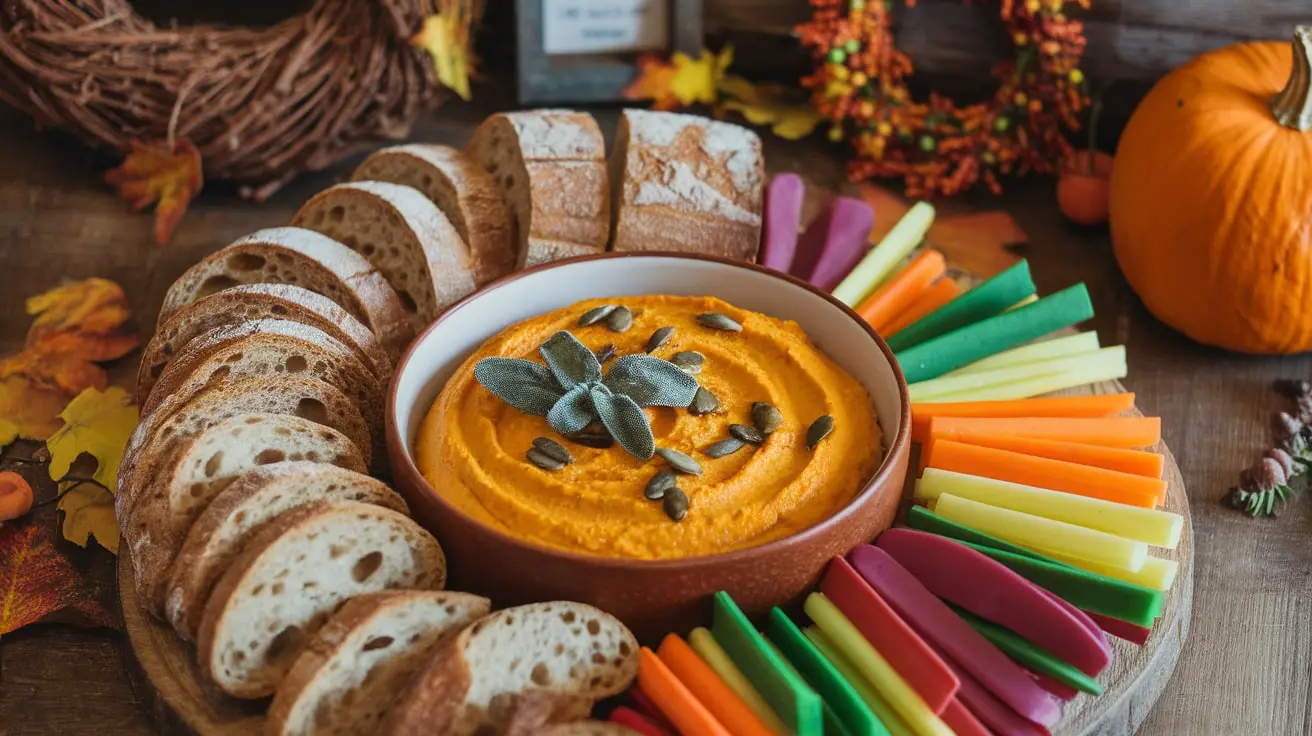 Creamy roasted pumpkin and sage dip with bread and vegetable sticks on a wooden table.