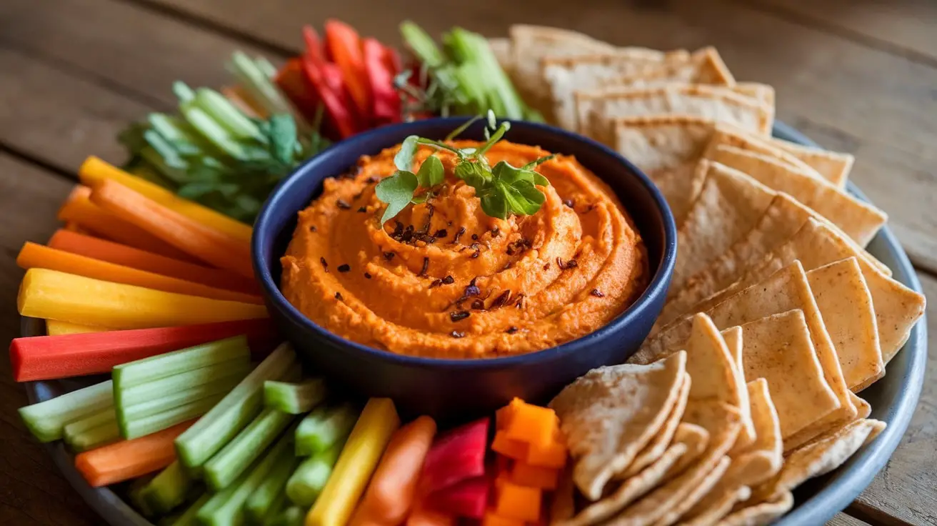 Creamy sweet potato and ginger dip in a bowl with vegetable sticks and pita chips on a rustic table.