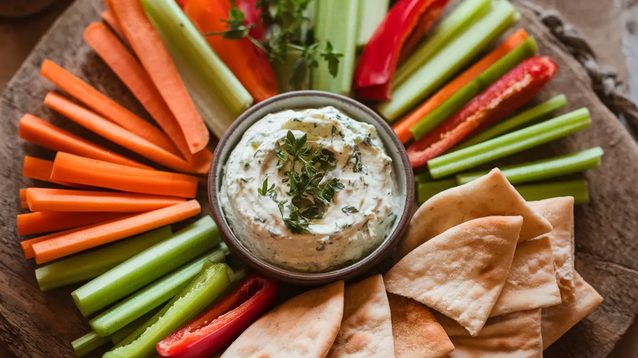 Creamy Herbed Goat Cheese Dip served with colorful vegetable sticks and pita chips on a wooden board.