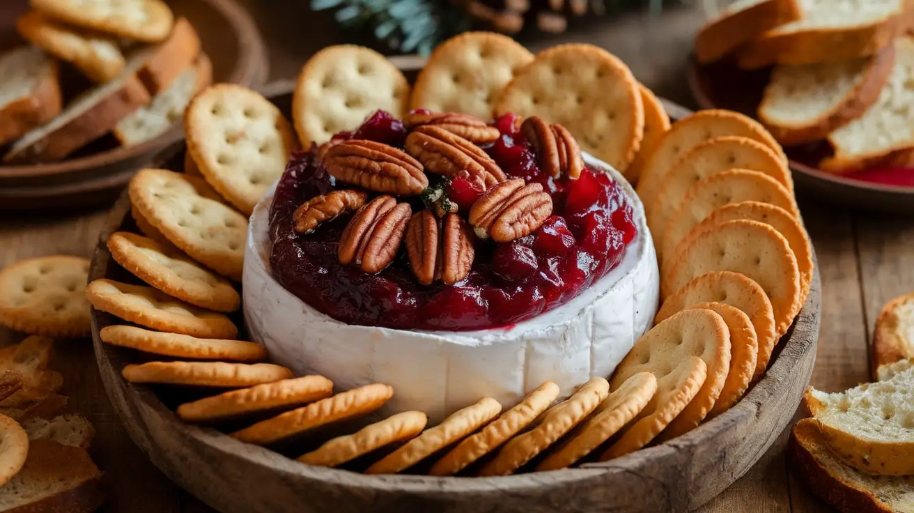 Warm Brie and Cranberry Pecan Dip with crackers and baguette on a rustic table.