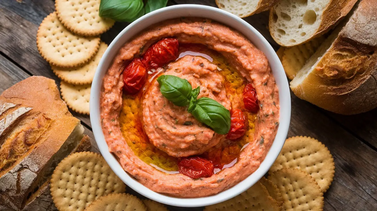 A bowl of roasted tomato and basil dip with crackers and bread on a wooden table.