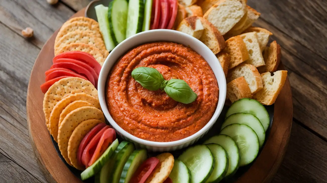 A bowl of sun-dried tomato pesto dip garnished with basil, surrounded by crackers and vegetables.