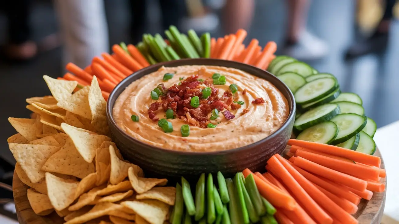 Creamy Cheesy Bacon Ranch Dip in a bowl with chips and veggies for dipping.