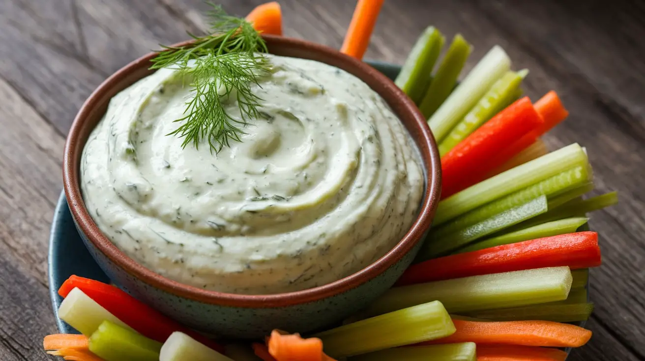 Creamy cucumber dill dip with vegetable sticks on a rustic table.